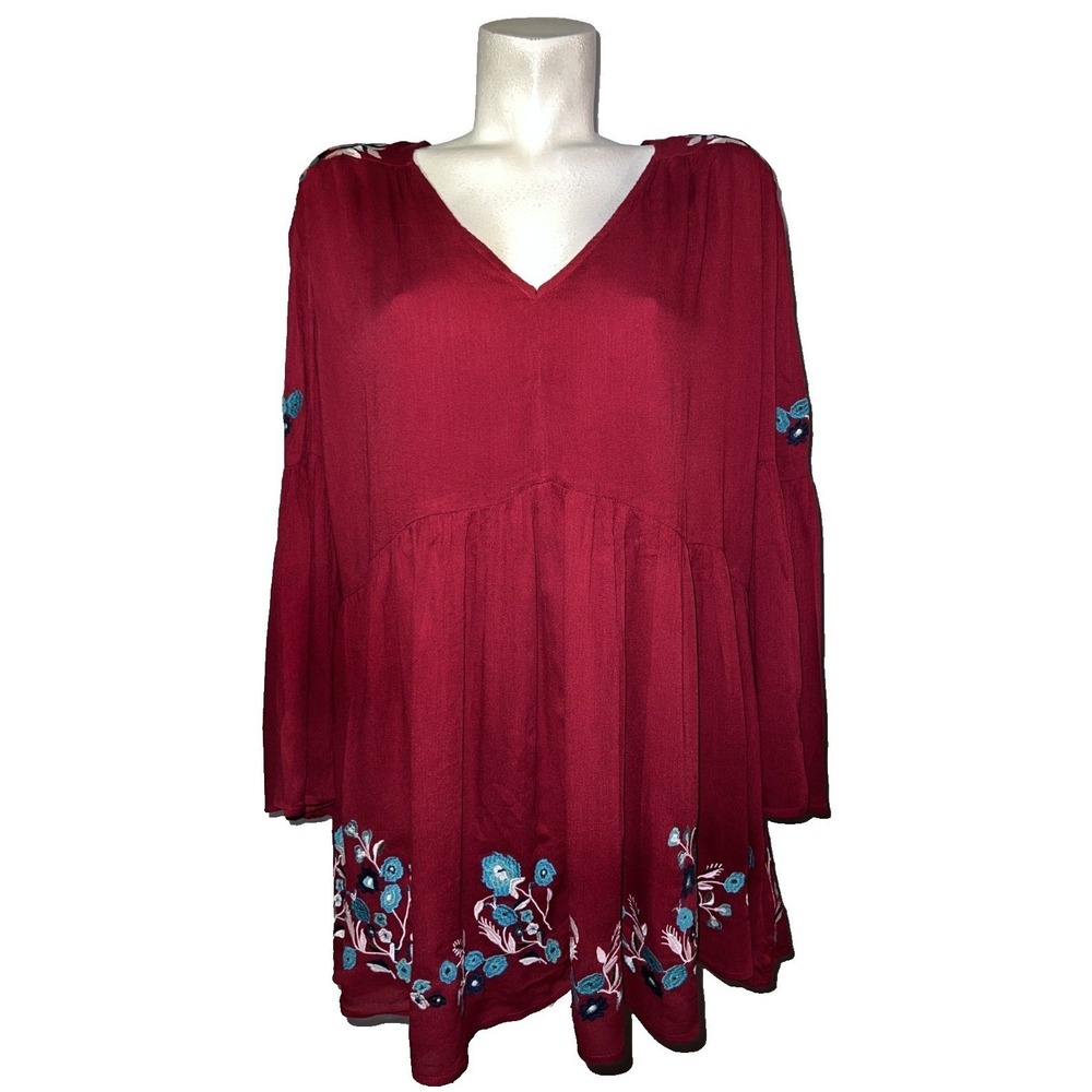 Altard State Top Burgundy Embroidered Floral Bell Sleeve Babydoll Tunic Size M